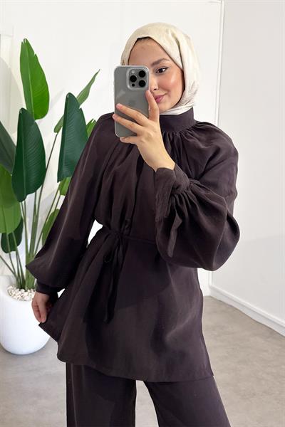 Büzgülü Tunik Takım - Kahverengi