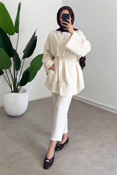 Cep Detay Kimono - Bej