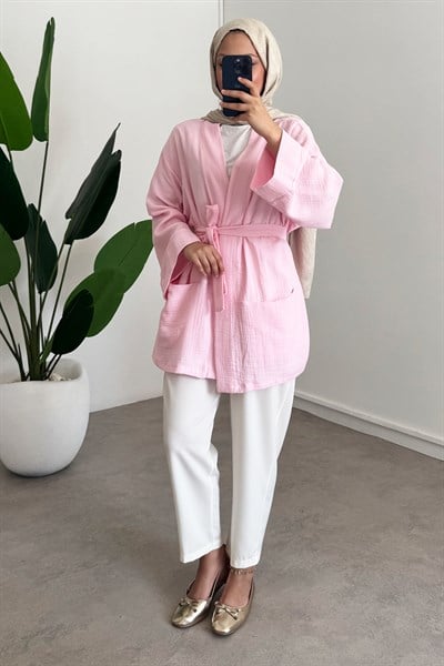 Cep Detay Kimono - Pembe