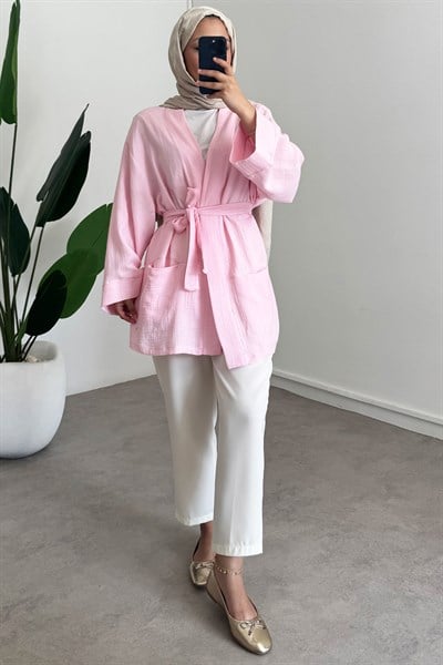 Cep Detay Kimono - Pembe