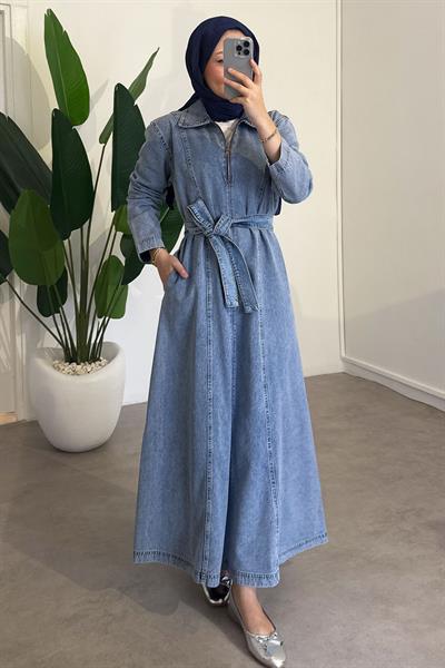 Cepli Kot Elbise - Açık Kot