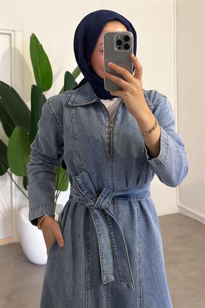 Cepli Kot Elbise - Açık Kot