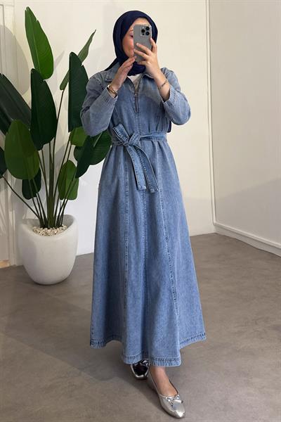 Cepli Kot Elbise - Açık Kot