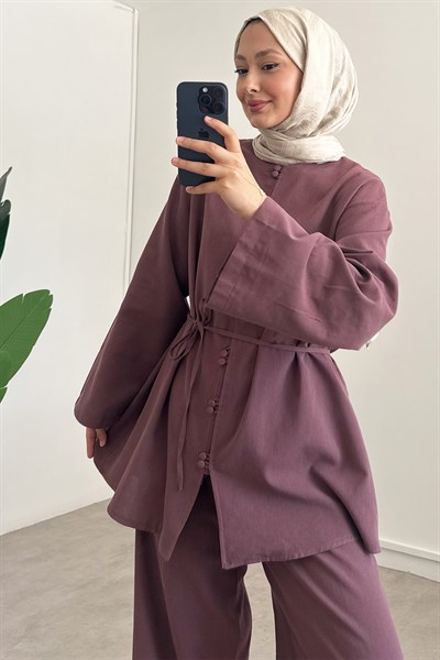 Çift Düğme Keten Takım - Bordo