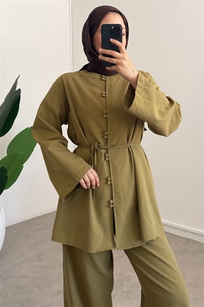 Çift Düğme Keten Takım - Olive