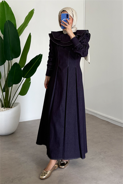 Çift Pelerinli Denim Elbise - Bordo