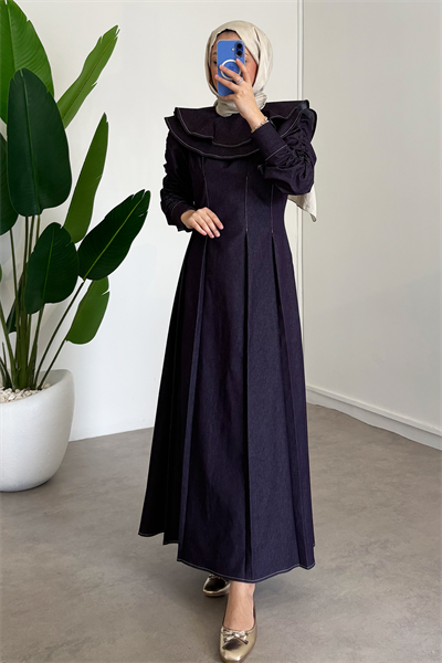 Çift Pelerinli Denim Elbise - Bordo