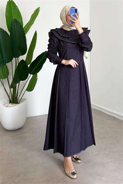 Çift Pelerinli Denim Elbise - Bordo