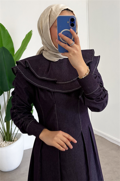 Çift Pelerinli Denim Elbise - Bordo