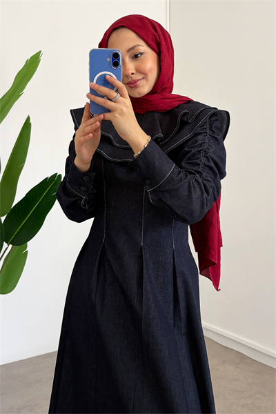 Çift Pelerinli Denim Elbise - Lacivert