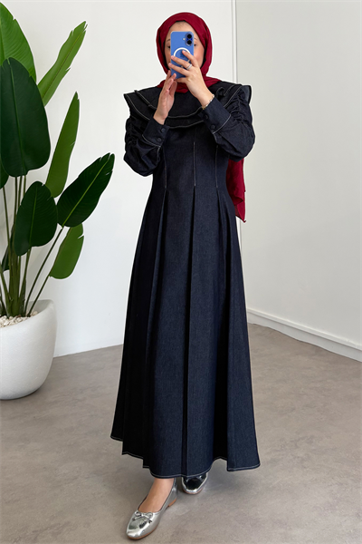 Çift Pelerinli Denim Elbise - Lacivert