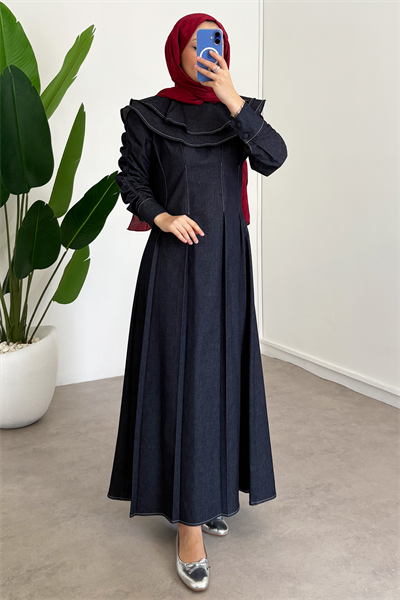 Çift Pelerinli Denim Elbise - Lacivert