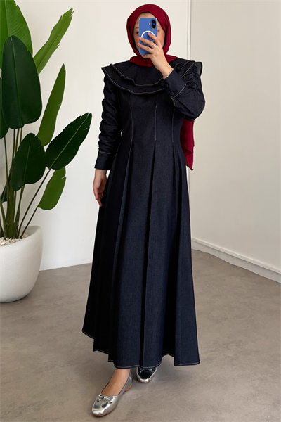 Çift Pelerinli Denim Elbise - Lacivert