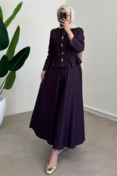 Çıtçıt Detaylı Denim Takım - Bordo