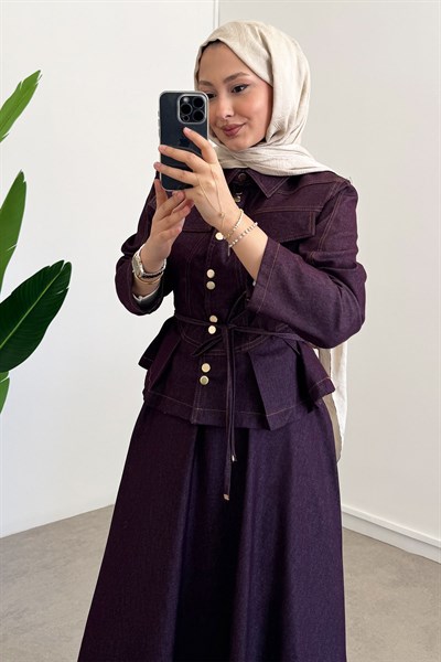 Çıtçıt Detaylı Denim Takım - Bordo