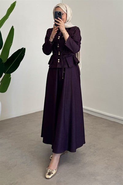 Çıtçıt Detaylı Denim Takım - Bordo
