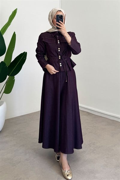 Çıtçıt Detaylı Denim Takım - Bordo