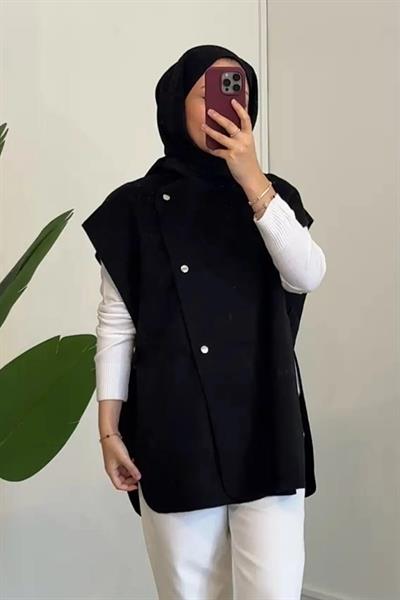 Çıtçıt Detaylı Kaşe Yelek - Siyah