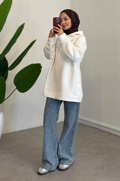 Çıtçıt Detaylı Sweatshirt - Ekru