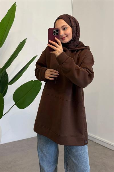 Çıtçıt Detaylı Sweatshirt - Kahverengi