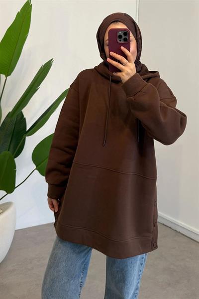Çıtçıt Detaylı Sweatshirt - Kahverengi