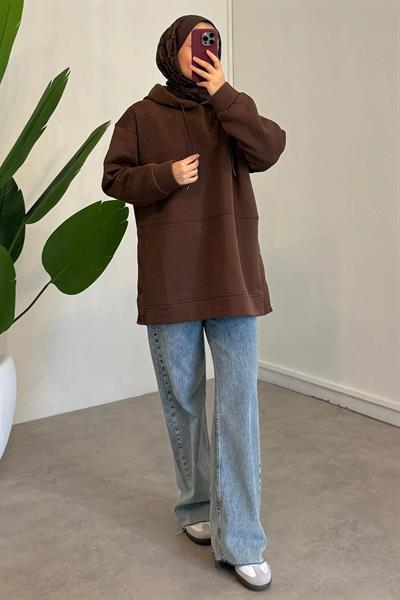 Çıtçıt Detaylı Sweatshirt - Kahverengi