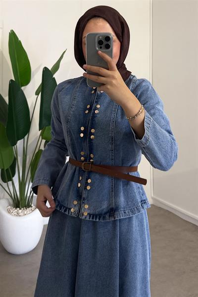 Çıtçıtlı Denim Takım - Açık Kot