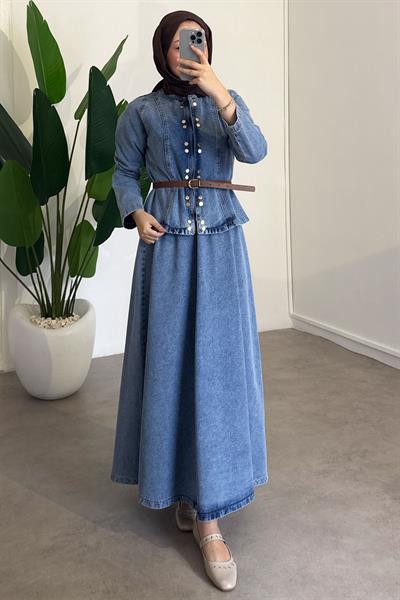 Çıtçıtlı Denim Takım - Açık Kot