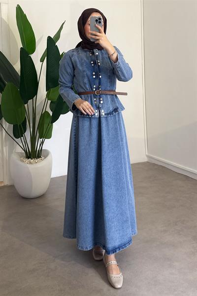 Çıtçıtlı Denim Takım - Açık Kot