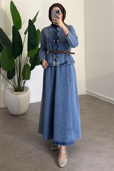 Çıtçıtlı Denim Takım - Açık Kot