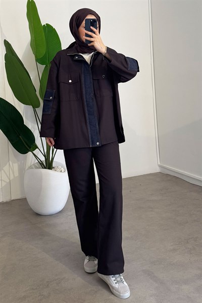 Çıtçıtlı Denim Takım - Kahverengi