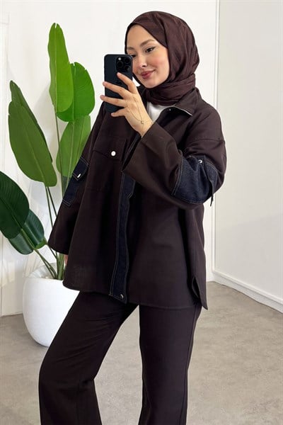 Çıtçıtlı Denim Takım - Kahverengi