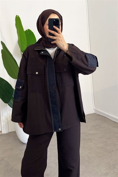 Çıtçıtlı Denim Takım - Kahverengi