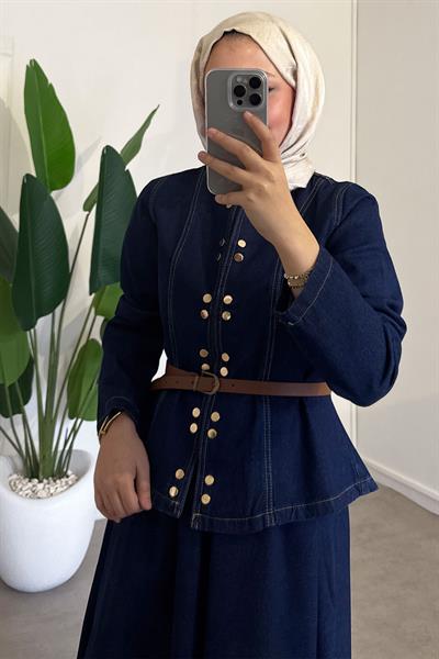 Çıtçıtlı Denim Takım - Koyu Kot