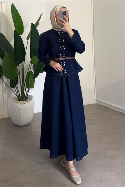 Çıtçıtlı Denim Takım - Koyu Kot