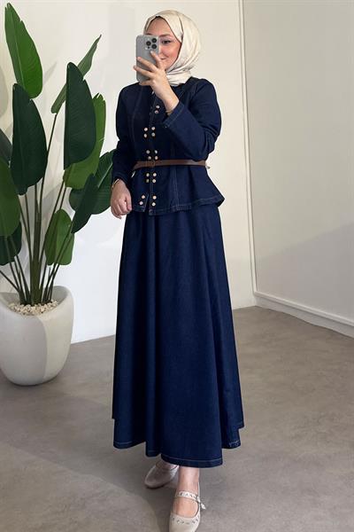 Çıtçıtlı Denim Takım - Koyu Kot