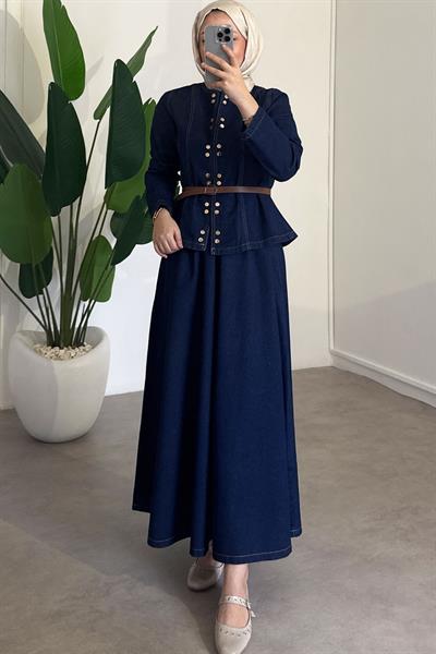 Çıtçıtlı Denim Takım - Koyu Kot