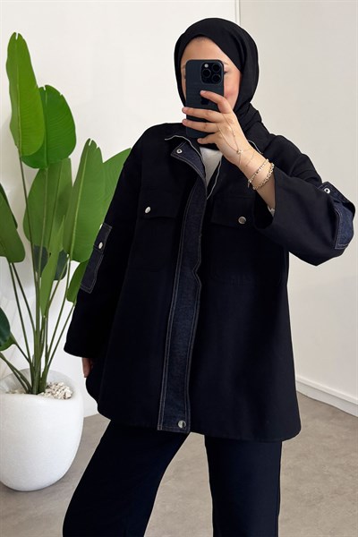 Çıtçıtlı Denim Takım - Siyah