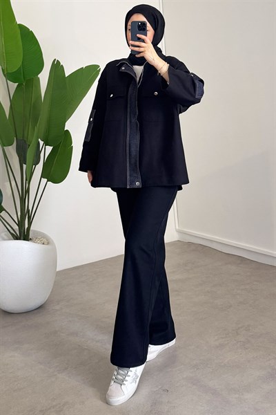 Çıtçıtlı Denim Takım - Siyah