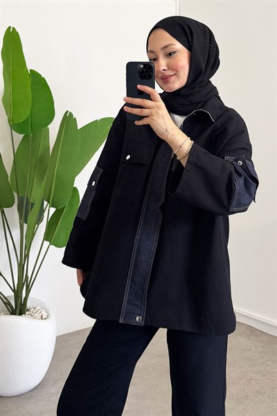 Çıtçıtlı Denim Takım - Siyah