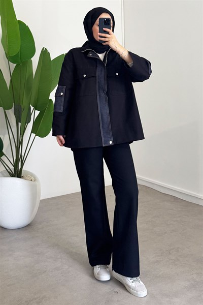 Çıtçıtlı Denim Takım - Siyah