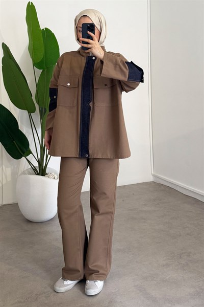 Çıtçıtlı Denim Takım - Vizon