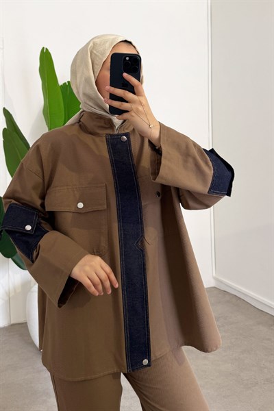 Çıtçıtlı Denim Takım - Vizon