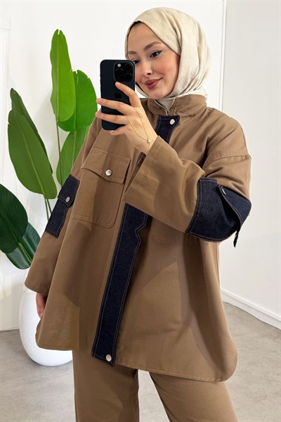 Çıtçıtlı Denim Takım - Vizon