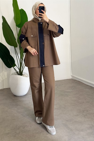 Çıtçıtlı Denim Takım - Vizon