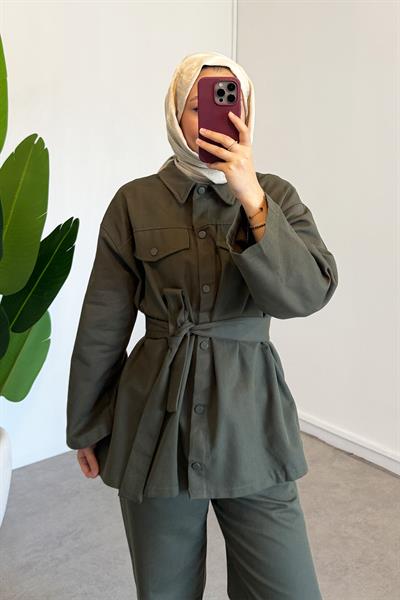 Çıtçıtlı Gabardin Takım - Haki Yeşil