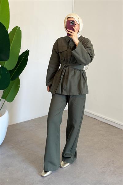 Çıtçıtlı Gabardin Takım - Haki Yeşil