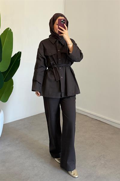 Çıtçıtlı Gabardin Takım - Kahverengi