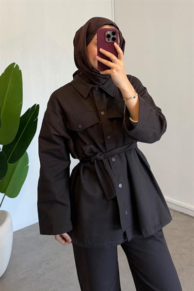 Çıtçıtlı Gabardin Takım - Kahverengi