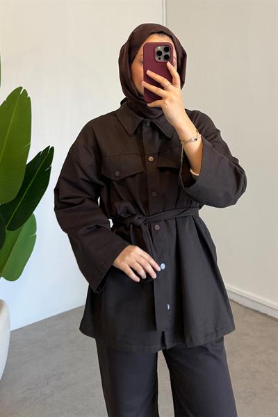 Çıtçıtlı Gabardin Takım - Kahverengi